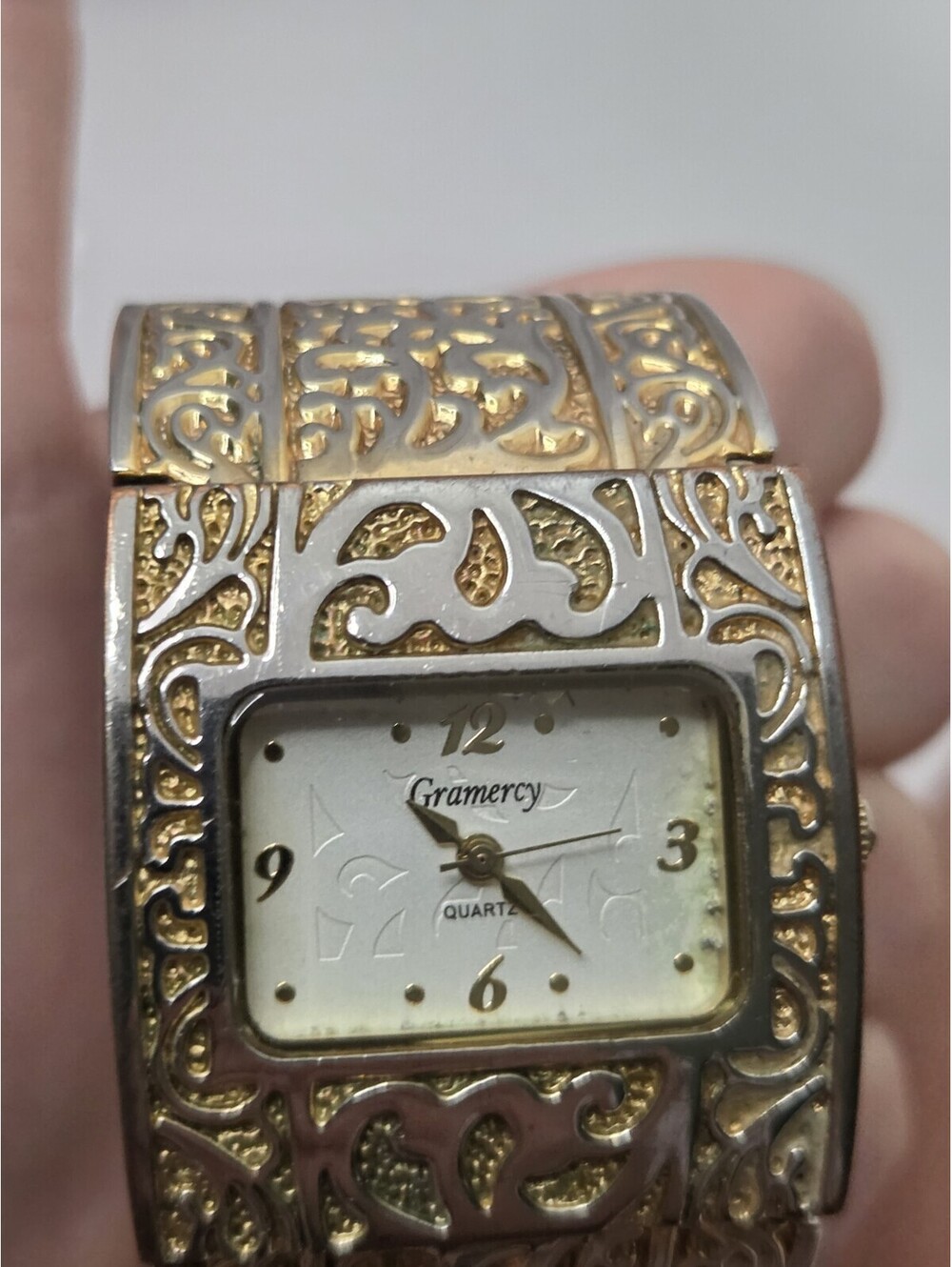 Gramercy Quartz Watch Women Gold Tone rectangle Cuff Bangle Analog Needs Battery
